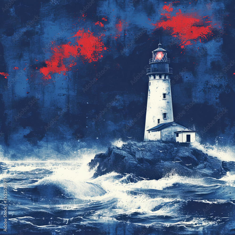 Seamless Pattern Lighthouse, Watercolor Hand Painted Illustration