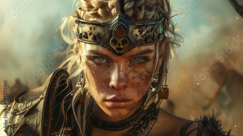 A detailed view of a woman wearing a protective warrior helmet in a warfare with a serious and sad face expression