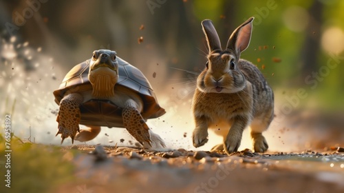 A Rabbit and Tortoise are running towards the camera in a race, showcasing the classic tale of speed versus steady progress.