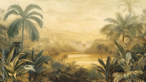 Beautiful tropical landscape with palm trees and tropical leaves wallpaper. Hand Drawn Design. Luxury Wall Mural© Fatih