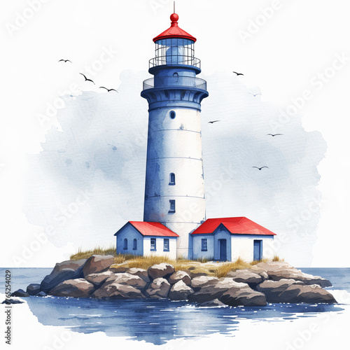 Seamless Pattern Lighthouse, Watercolor Hand Painted Illustration © Dominique
