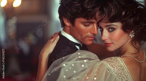 A man in a tuxedo and a woman in a wedding dress posing together.