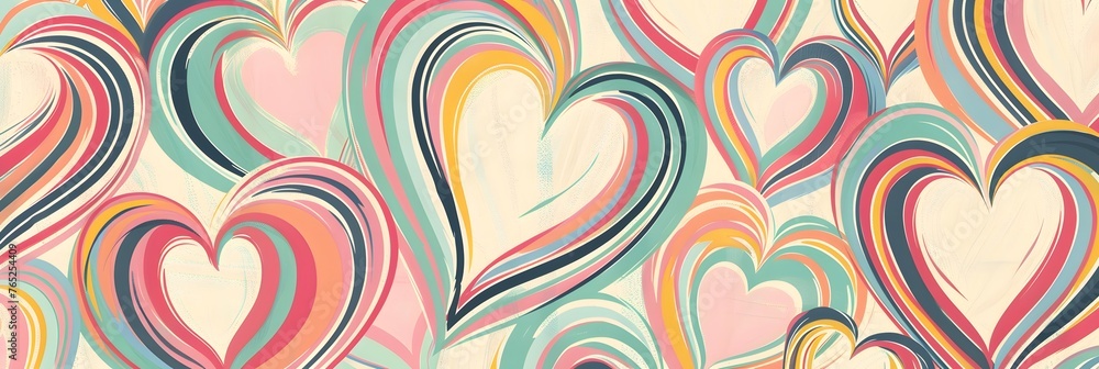 Whirling hearts come alive in a retro-style print, forming a seamless pattern that exudes love and creativity against a backdrop of soft pastel hues.
