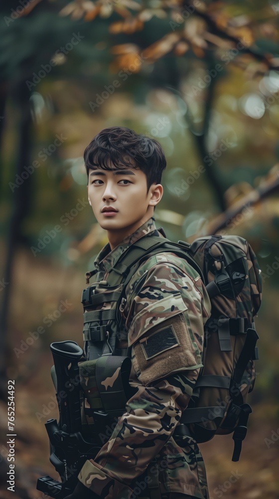 A young man in a military uniform is standing in a wooded area, showcasing his military training and presence in a natural environment.
