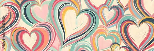Whirling hearts come alive in a retro-style print, forming a seamless pattern that exudes love and creativity against a backdrop of soft pastel hues.
