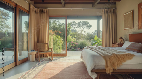 Modern Scandinavian home interior design. Elegant bedroom with pastel colored furniture and decoration.