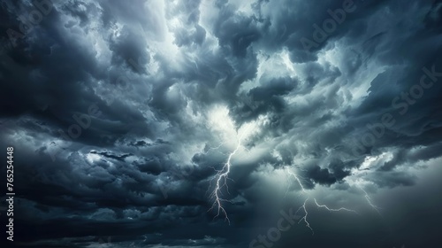 White Lightning strike on the dark cloudy sky landscape. AI generated image