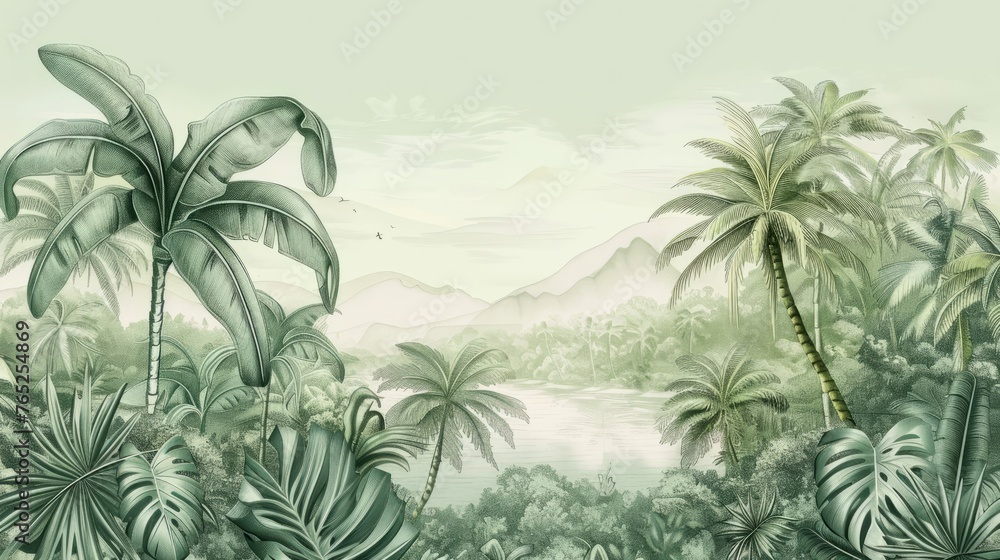 Beautiful tropical landscape with palm trees and tropical leaves wallpaper. Hand Drawn Design. Luxury Wall Mural

