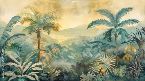 Beautiful tropical landscape with palm trees and tropical leaves wallpaper. Hand Drawn Design. Luxury Wall Mural  