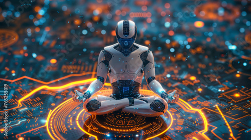 a robot meditating on a circuit board, concept of general intelligence