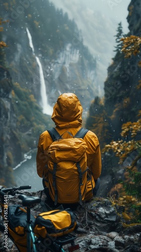 A person with a backpack is seated on a cliff, gazing at a waterfall.