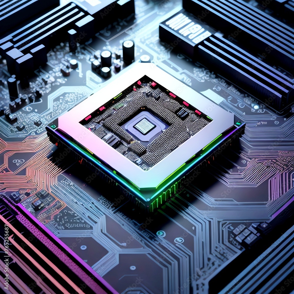 Motherboard with CPU and RAM on a circuit board. Computer motherboard ...
