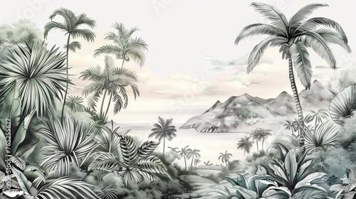 Beautiful tropical landscape with palm trees and tropical leaves wallpaper. Hand Drawn Design. Luxury Wall Mural  