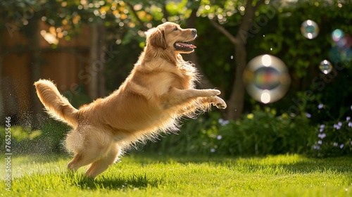Joyful Golden Retriever playing with bubbles in sunlit garden