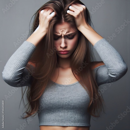 Wallpaper Mural 두통, 골치아픈 일, 고민거리가 있어 얼굴을 찌푸리며 두 손으로 머리를 잡은 여성 사진 Torontodigital.ca