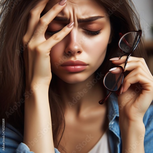 Wallpaper Mural 두통, 골치아픈 일, 고민거리가 있어 얼굴을 찌푸리며 한 손으로 머리를 잡은 안경을 쓴 여성 클로즈업 사진 Torontodigital.ca