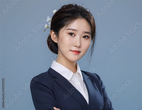 Wallpaper Mural A young Asian corporate woman standing in front of a blue background, staring straight ahead Torontodigital.ca