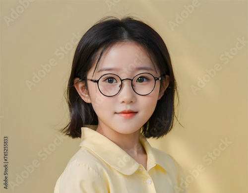 Wallpaper Mural 노란 단색 배경 앞에서 정면을 바라보는 안경을 쓴 어린 여자 아이 상반신 사진 Torontodigital.ca