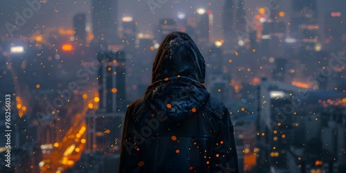 A hacker in a hooded jacket with a city background symbolizing cybercrime and data security. Concept Cybercrime, Data Security, Hacker, City Background, Hooded Jacket