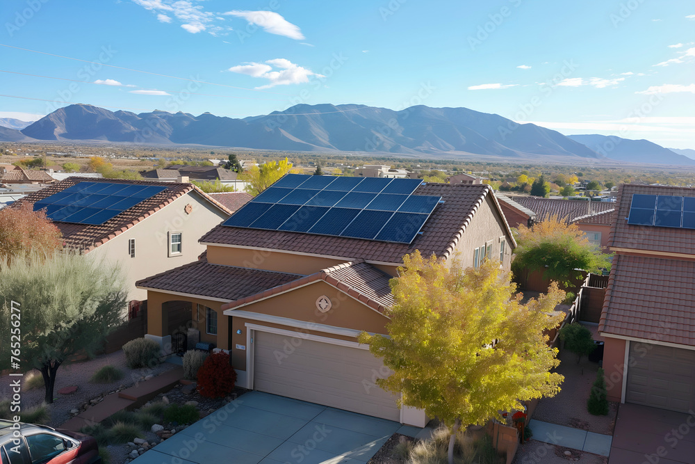 Modern Solar Panels Installed On A Albuquerque Home Under Clear Blue Sunny Sky, Solar Photography, Solar Powered Clean Energy, Sustainable Resources, Electricity Source Modern Solar Panels Installed On A Albuquerque Home Under Clear Blue Sunny Sky, Solar Photography, Solar Powered Clean Energy, Sustainable Resources, Electricity Source