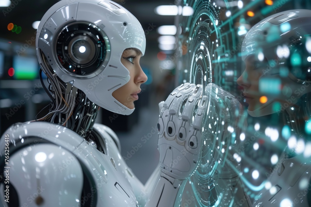 Futuristic Interface: Female Cyborg Engages with Advanced Computer on Spaceship, Sci-Fi A.I Concept Futuristic Interface: Female Cyborg Engages with Advanced Computer on Spaceship, Sci-Fi A.I Concept
