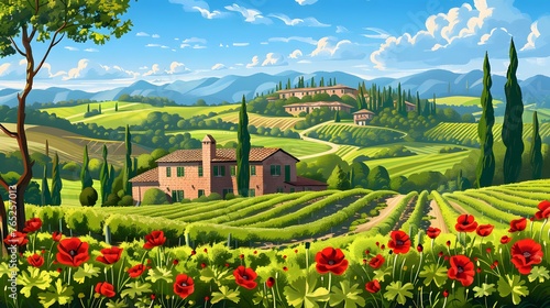 Panoramic view of green valley landscape with brick houses, vineyards, groves, poppies and cypress trees, front view.Watercolor or aquarelle painting illustration.