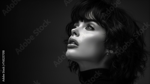 A close-up black and white shot capturing the features of an attractive womans face.