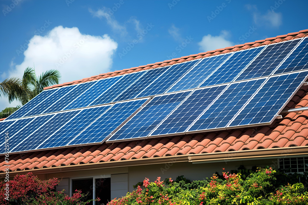 Modern Solar Panels Installed On A Honolulu Home Under Clear Blue Sunny Sky, Solar Photography, Solar Powered Clean Energy, Sustainable Resources, Electricity Source