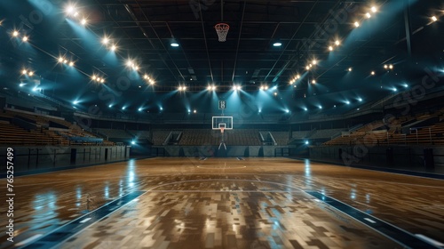 Empty basketball court with flashlights and fans