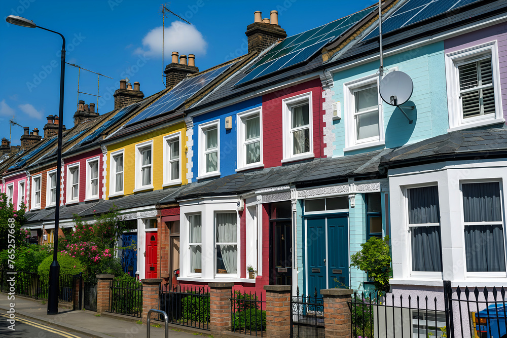 Modern Solar Panels Installed On UK Terraced Houses Under Clear Blue Sunny Sky, Solar Photography, Solar Powered Clean Energy, Sustainable Resources, Electricity Source Modern Solar Panels Installed On UK Terraced Houses Under Clear Blue Sunny Sky, Solar Photography, Solar Powered Clean Energy, Sustainable Resources, Electricity Source