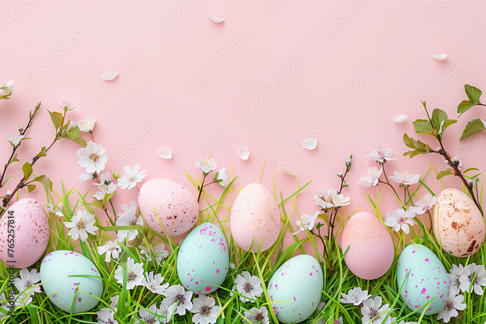 Pastel Border Made From Easter Eggs, Grass and Spring Blossom With Copy Space on Pink Background Pastel Border Made From Easter Eggs, Grass and Spring Blossom With Copy Space on Pink Background