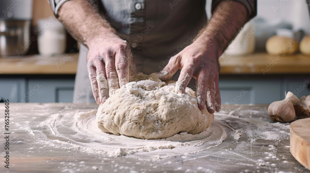 A person is seen kneading dough on a wooden table.