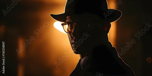 Silhouette of a man in a suit hat and glasses at night resembling a detective or spy. Concept Silhouette Photography, Mystery Theme, Detective Style, Spy Character, Nighttime Portrait