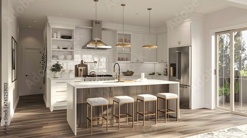 Modern Scandinavian style interior design of kitchen with island and stools. 