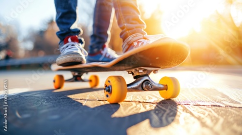 Close up cropped cool Skater Riding On Skateboard in Urban Area. AI generated image photo