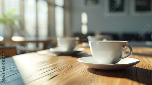 Close up a cup of coffee or tea on the table in the office blurred background. AI generated image