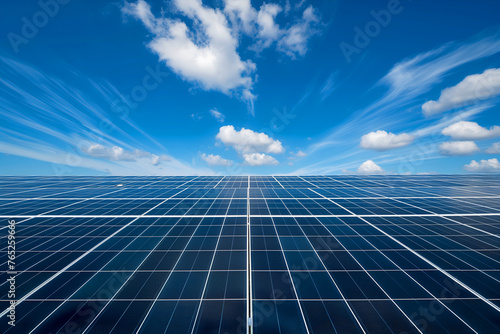 Modern Solar Panels Under Clear Blue Sunny Sky, Solar Photography, Solar Powered Clean Energy, Sustainable Resources, Electricity Source