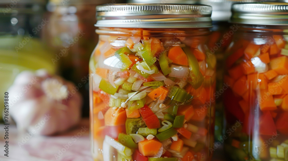 Two jars filled with various vegetables like carrots, cucumbers, and bell peppers. Two jars filled with various vegetables like carrots, cucumbers, and bell peppers.