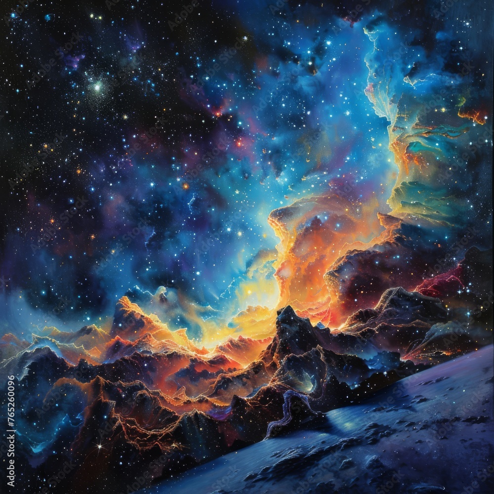 Vibrant colors illuminate cosmic cliffs and mountain peaks against a star-studded sky, portraying a dramatic and ethereal cosmic landscape.