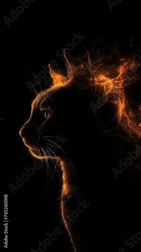 A striking silhouette of a cat's side profile highlighted by a bright, fiery halo, set against an inky backdrop, artistic and enigmatic