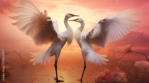 Graceful Courtship: Two Majestic Cranes Performing an Elegant Dance of Love Amidst Nature's Beauty, Engaged in a Delicate Display of Affection photo