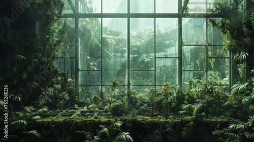 jungle plants and moss growing all over the place. city covered in jungle plants outside a large window.