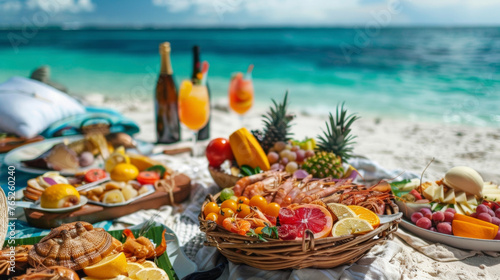 A picnic on the beach with the ocean as the backdrop featuring a spread of fresh seafood fruits and tropical drinks.
