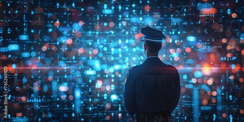 Police commissioner analyzing criminal case data on a holographic wall interface for business purposes. Concept Holographic Data Analysis, Criminal Investigation, Police Commissioner photo