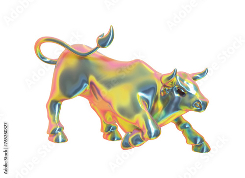 Bull realistic 3d cartoon style. metal gradient chrome Bull isolated on white background. Vector illustration