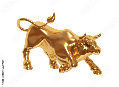 Gold Bull realistic 3d cartoon style. Golden metallic Bull isolated on white background. Vector illustration