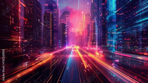Abstract speed light trails through futuristic city with glowing neon skyscrapers, digital art © Bijac