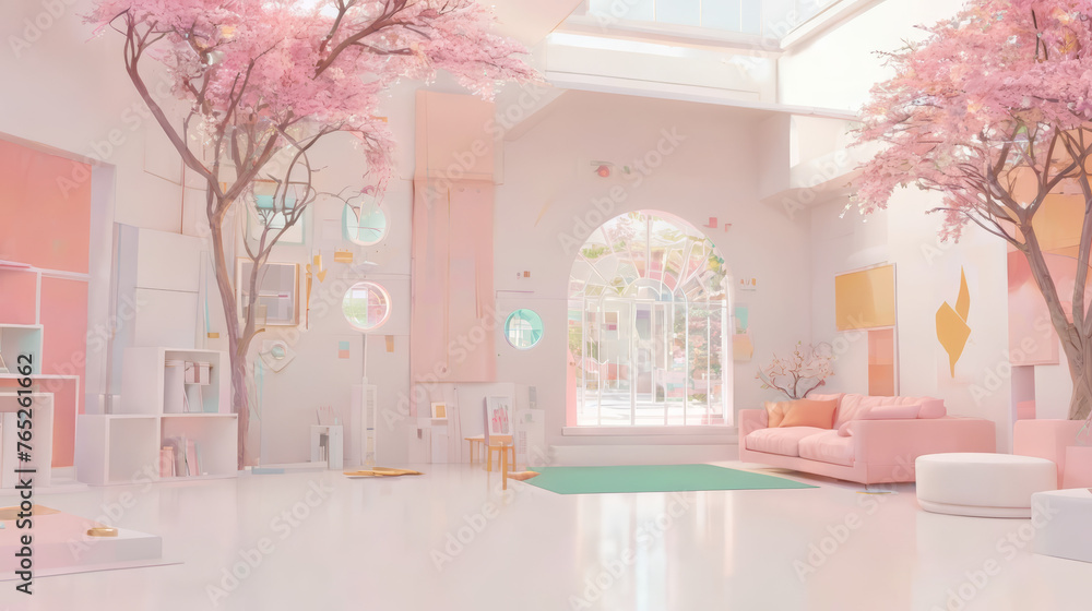 Living Room Filled With Furniture and Pink Trees Living Room Filled With Furniture and Pink Trees