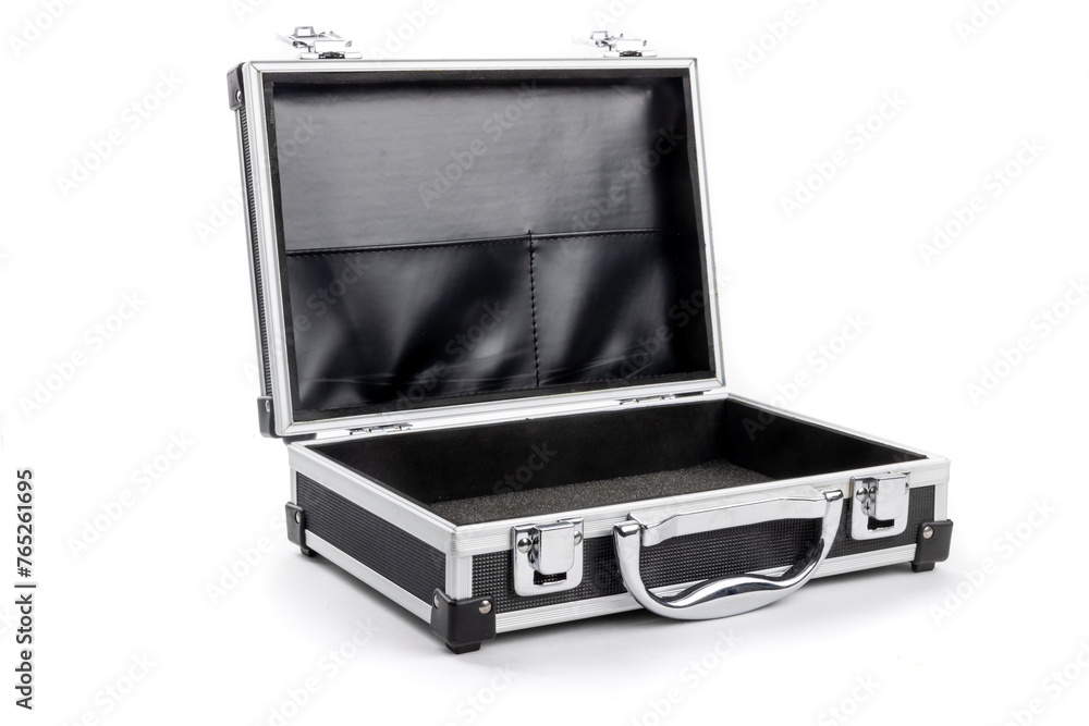 A small closed black equipment case with latches isolated on white A small closed black equipment case with latches isolated on white