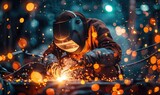 Skilled working metal welder in action, sparkling bokeh